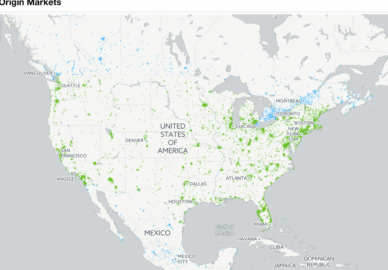 Arrivalist urban markets data map of the United States